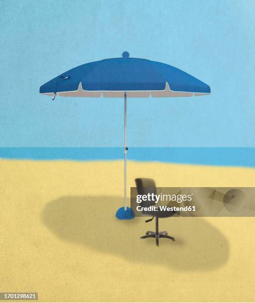 illustration of empty office chair under beach umbrella - escape stock illustrations