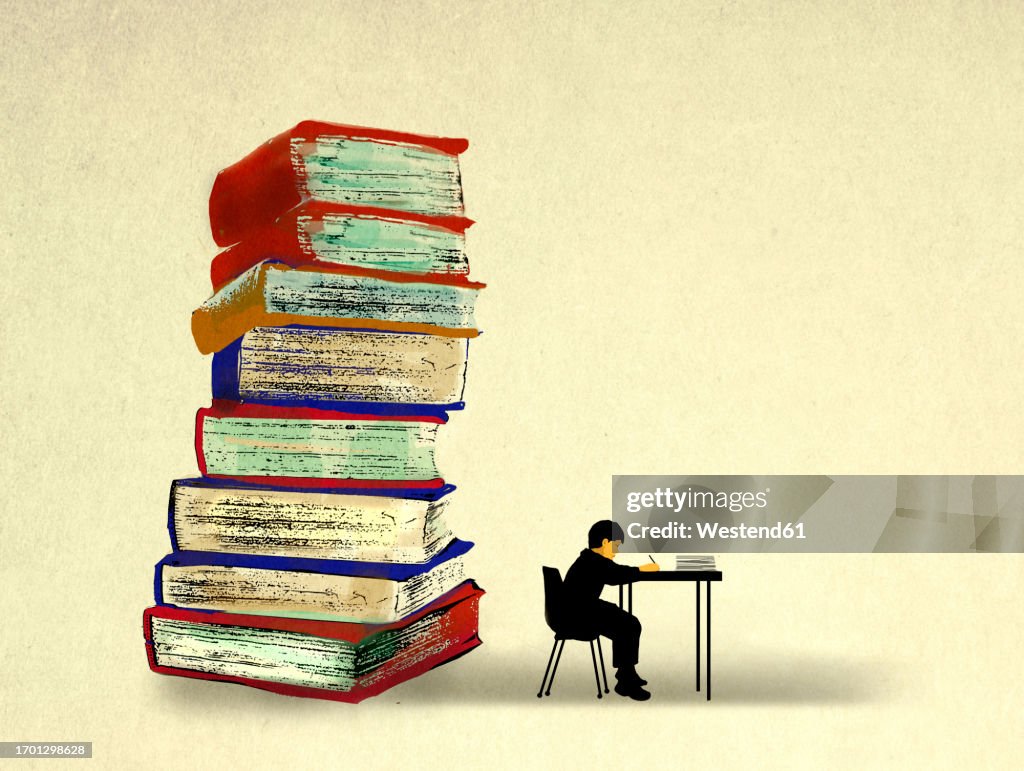Stack Of Oversized Books Behind Boy Studying At Desk Illustration ...