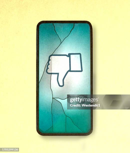 illustration of cracked smart phone displaying thumbs down icon - negative emotion stock illustrations