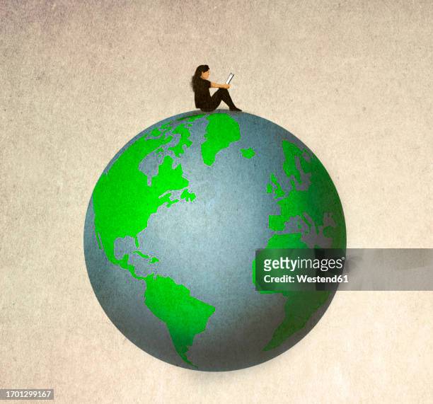 illustration of woman reading book on top of world - global business stock illustrations