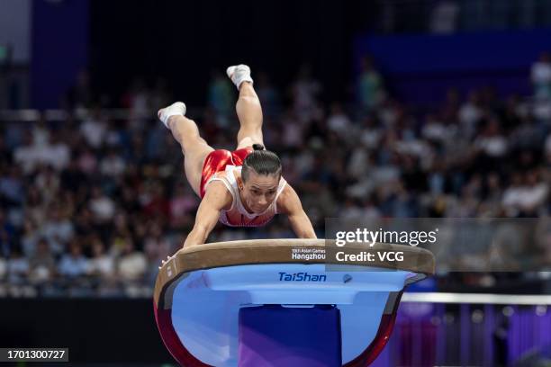 Oksana Chusovitina of Team Uzbekistan competes in the Artistic Gymnastics - Women's Qualification and Team Final Vault event on day two of the 19th...