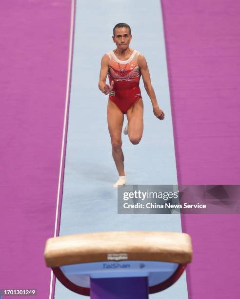 Oksana Chusovitina of Team Uzbekistan competes in the Artistic Gymnastics - Women's Qualification and Team Final Vault event on day two of the 19th...