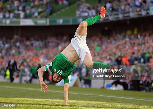 Robbie Keane of the Republic of Ireland celebrates after scoring during the FIFA 2014 World Cup Qualifier between Republic of Ireland and the Faroe...