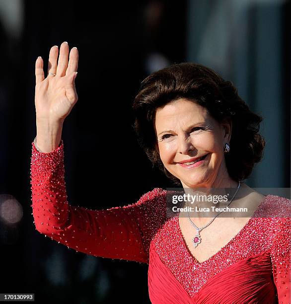 Queen Silvia of Sweden attends a private dinner on the eve of the wedding of Princess Madeleine and Christopher O'Neill hosted by King Carl XVI...