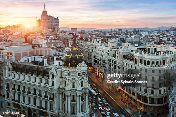 skyline of madrid with metropolis building and gra - street style in madrid stock pictures, royalty-free photos & images