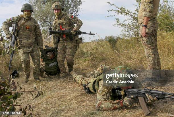 Health workers, volunteers and military personnel hold a joint training for war-zones in Aksaysky District in Rostov Oblast, Russia on October 01,...