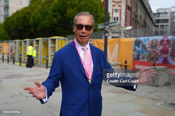 Former Leader of the United Kingdom Independence Party Nigel Farage attends day two of the Conservative Party Conference 2023 on October 2, 2023 in...
