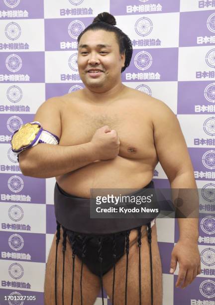Sumo wrestler Kirishima is pictured after winning the All Japan Rikishi Championship, a non-ranking event held at Ryogoku Kokugikan in Tokyo on Oct....