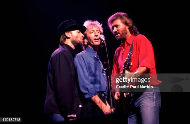 British pop group the Bee Gees perform onstage at the Poplar Creek Music Theater, Hoffman Estates, Illinois, July 31, 1989. Pictured are, from left,...