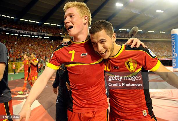 Kevin De Bruyne of Belgium and Eden Hazard of Belgium celebrates the win during the FIFA 2014 World Cup Group A qualifying match between Belgium and...