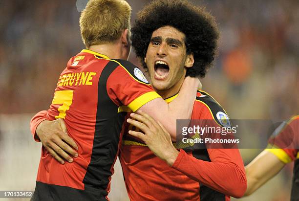 Marouane Fellaini of Belgium celebrates a goal during the FIFA 2014 World Cup Group A qualifying match between Belgium and Serbia at the King...