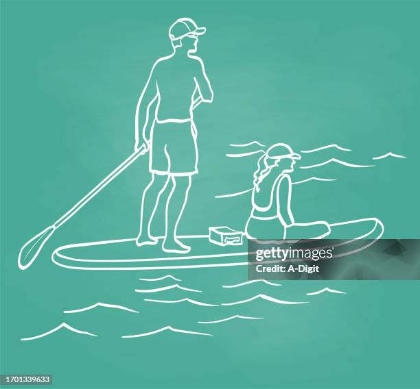 paddleboarding couple teal - paddleboarding stock illustrations