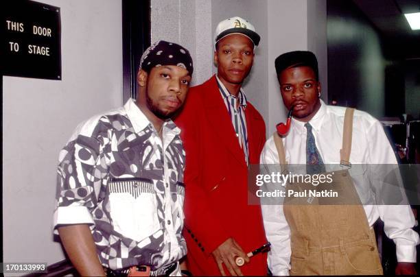 Portrait of American pop and rhythm & blues group Bell Biv DeVoe as they pose backstage before a performance, Milwaukee, Wisconsin, July 3, 1991....