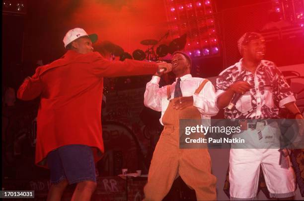 American pop and rhythm & blues group Bell Biv DeVoe perform onstage, Milwaukee, Wisconsin, July 3, 1991. Pictured are, from left, Ricky Bell, Ronnie...