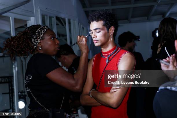 Model prepares backstage prior to the Mossi Womenswear Spring/Summer 2024 show as part of Paris Fashion Week on September 25, 2023 in Paris, France.