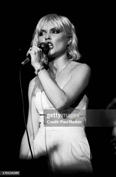 American singer Debbie Harry, of the band Blondie, performs on stage at the Park West theater, Chicago, Illinois, July 25, 1979.