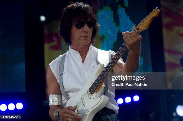 British musician Jeff Beck plays guitar onstage during a performance at Eric Clapton's Crossroads Guitar Festival at Toyota Park, Bridgeview,...