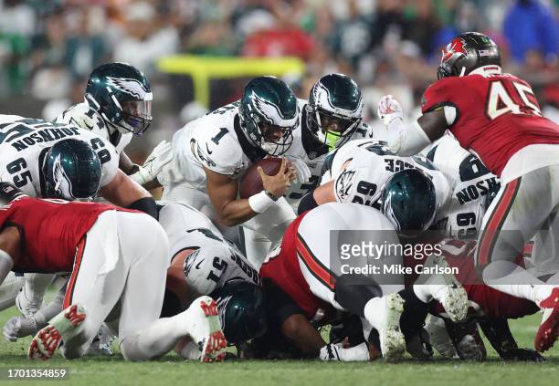 Jalen Hurts of the Philadelphia Eagles quarterback sneak during the second quarter against the Tampa Bay Buccaneers at Raymond James Stadium on...