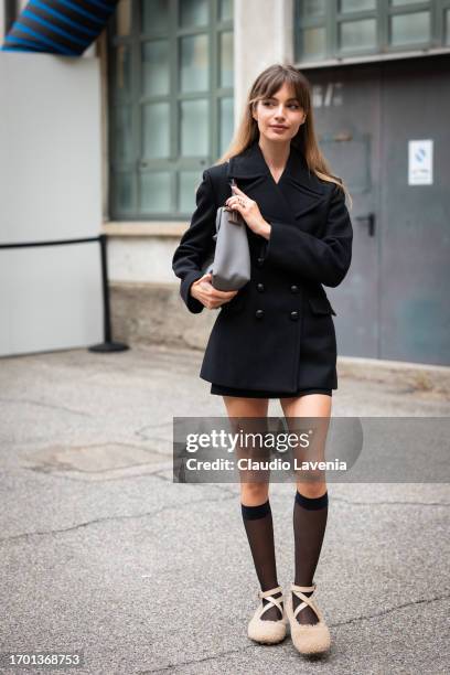 Mara Lafontan is seen outside the Tod's show during Milan Fashion Week Womenswear Spring/Summer 2024 on September 22, 2023 in Milan, Italy.