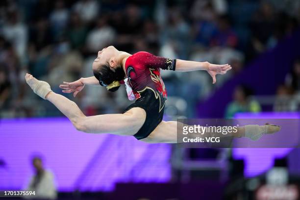 Zhang Jin of Team China competes in the Artistic Gymnastics - Women's Qualification and Team Final Floor event on day two of the 19th Asian Games at...
