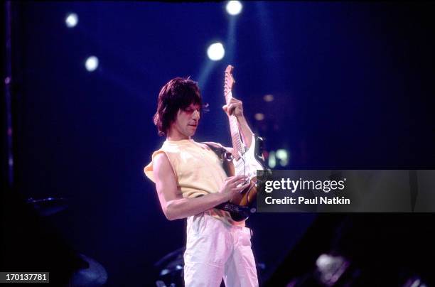 British musician Jeff Beck plays guitar onstage during a performance at the Reunion Center, Dallas, Texas, November 27, 1983.