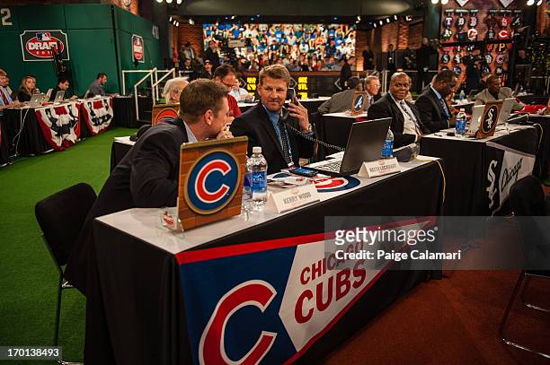 Chicago Cubs representatives Kerry Wood and Keith Lockhart are seen during the 2013 First-Year Player Draft at MLB Network's Studio 42 on June 6,...