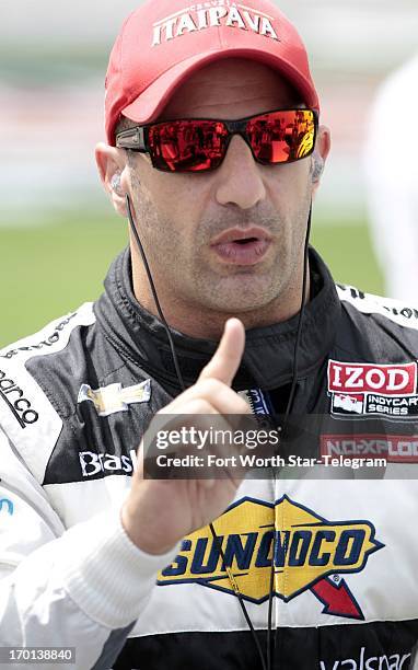 Racing Technology-SH Racing driver Tony Kanaan talks during qualifying for the IZOD IndyCar Series Firestone 550 at Texas Motor Speedway in Fort...