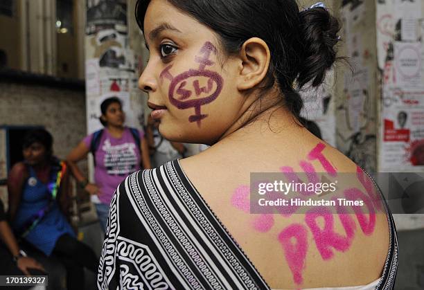 Participants with their body and faces painted during Slut Walk to protest against any form of sexual harassment of any gender in public places at...