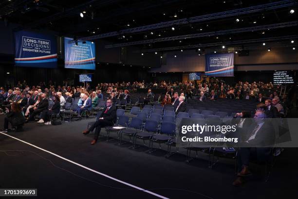 Empty seats in the main conference hall on the day two of the UK Conservative Party Conference in Manchester, UK, on Monday, Oct. 2, 2023. Prime...