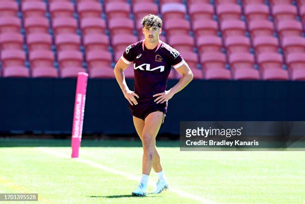 Herbie Farnworth is seen leaving the field during a Brisbane Broncos NRL training session at Suncorp Stadium on September 26, 2023 in Brisbane,...