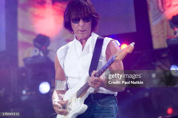 British musician Jeff Beck plays guitar onstage during a performance at Eric Clapton's Crossroads Guitar Festival at Toyota Park, Bridgeview,...