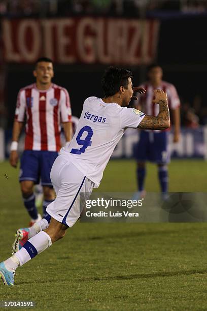 Fernando Vargas of Chile celebrates a scored goal against Paraguay during the match as part of the South American Qualifiers for FIFA World Cup...