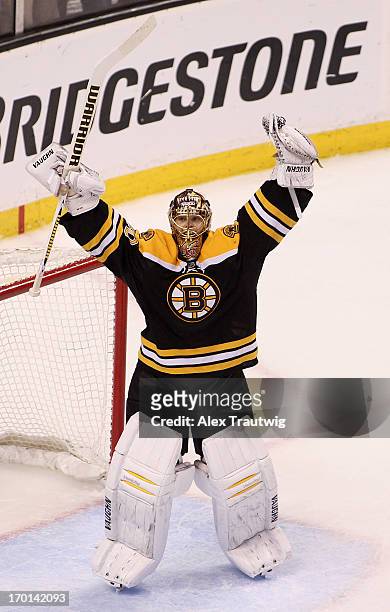 Tuukka Rask of the Boston Bruins celebrates after defeating the Pittsburgh Penguins 1-0 in Game Four of the Eastern Conference Final during the 2013...