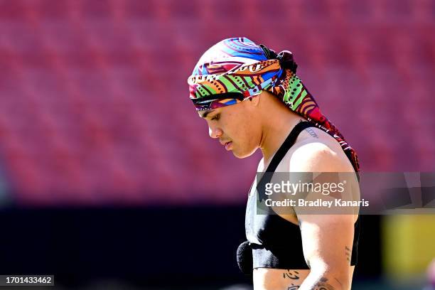 Reece Walsh is seen during a Brisbane Broncos NRL training session at Suncorp Stadium on September 26, 2023 in Brisbane, Australia.