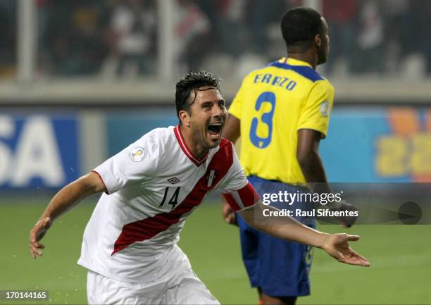 Claudio Pizarro of Peru celebrates a goal during a match between Peru and Ecuador as part of the 13th round of the South American Qualifiers for the...