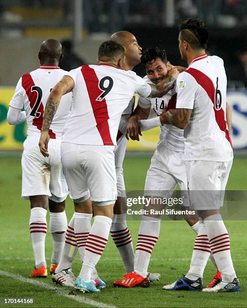 Claudio Pizarro of Peru celebrates a goal during a match between Peru and Ecuador as part of the 13th round of the South American Qualifiers for the...