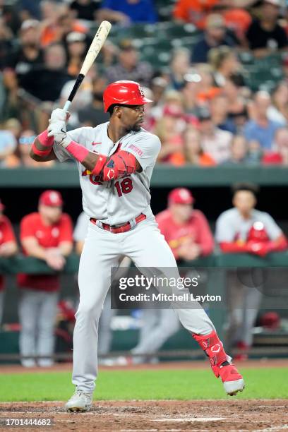 Jordan Walker of the St. Louis Cardinals prepares for a pitch against the Baltimore Orioles at Oriole Park at Camden Yards on September 11, 2023 in...