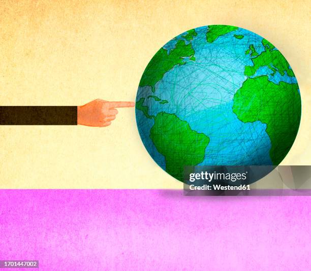 illustration of oversized hand pushing planet earth - global business stock illustrations