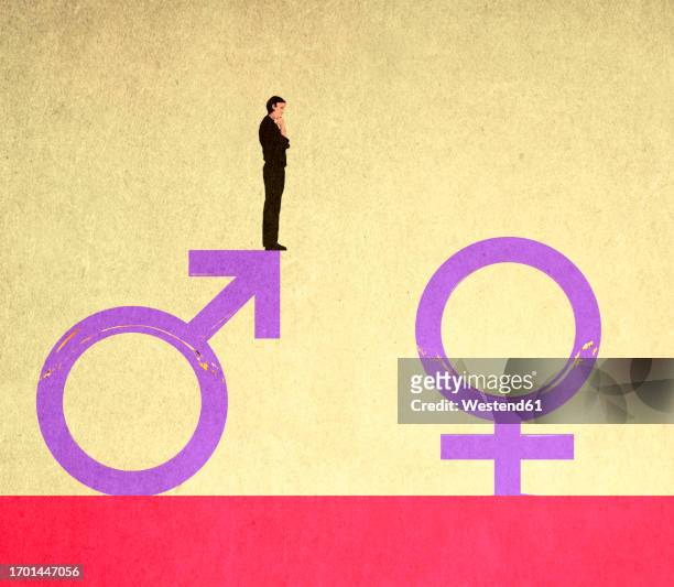 confused man looking at female symbol from edge of male symbol - confusion stock illustrations