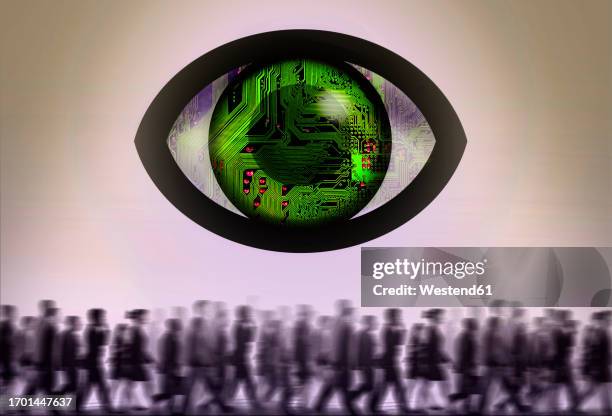 electronic eye surveilling crowd of people - big brother orwellian concept stock illustrations