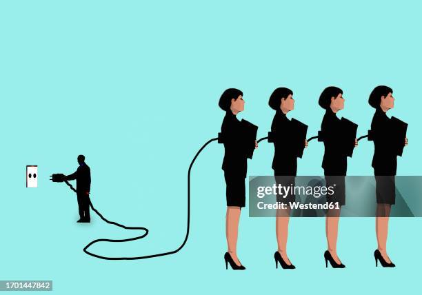 bildbanksillustrationer, clip art samt tecknat material och ikoner med man plugging in group of businesswomen into electrical outlet - elkontakt