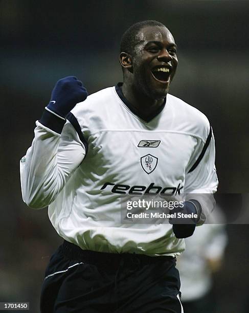 Michael Ricketts of Bolton celebrates the fourth and winning goal during the FA Barclaycard Premiership match between Bolton Wanderers and Newcastle...