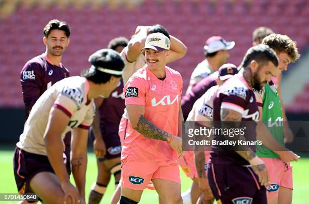 Kotoni Staggs shares a laugh with team mates during a Brisbane Broncos NRL training session at Suncorp Stadium on September 26, 2023 in Brisbane,...