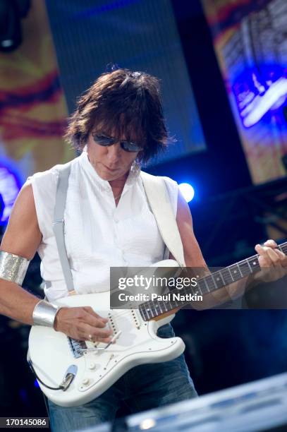 British musician Jeff Beck plays guitar onstage during a performance at Eric Clapton's Crossroads Guitar Festival at Toyota Park, Bridgeview,...