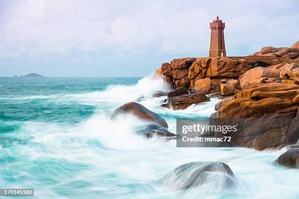 lighthouse of men ruz, brittany - perros guirec stock pictures, royalty-free photos & images