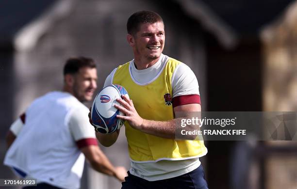 England's fly-half Owen Farrell takes part in a training session at the Stade Ferdinand Petit in Le Touquet-Paris-Plage, northern France on October...