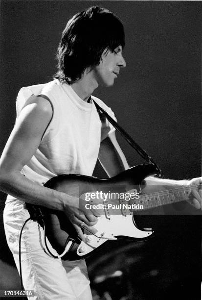 British musician Jeff Beck plays guitar onstage during a performance at the Reunion Center, Dallas, Texas, November 27, 1983.