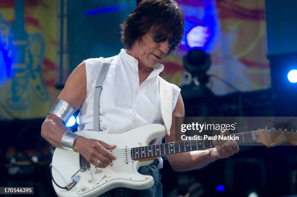 British musician Jeff Beck plays guitar onstage during a performance at Eric Clapton's Crossroads Guitar Festival at Toyota Park, Bridgeview,...