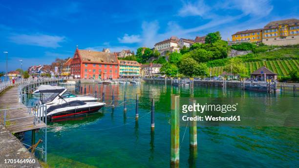 germany, baden-wurttemberg, meersburg, marina of town on shore of lake constance in summer - meersburg stock pictures, royalty-free photos & images