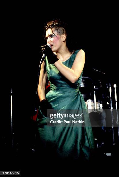 Burmese-born singer Annabella Lwin of the pop group Bow Wow Wow performs on stage, Chicago, Illinois, December 4, 1981.